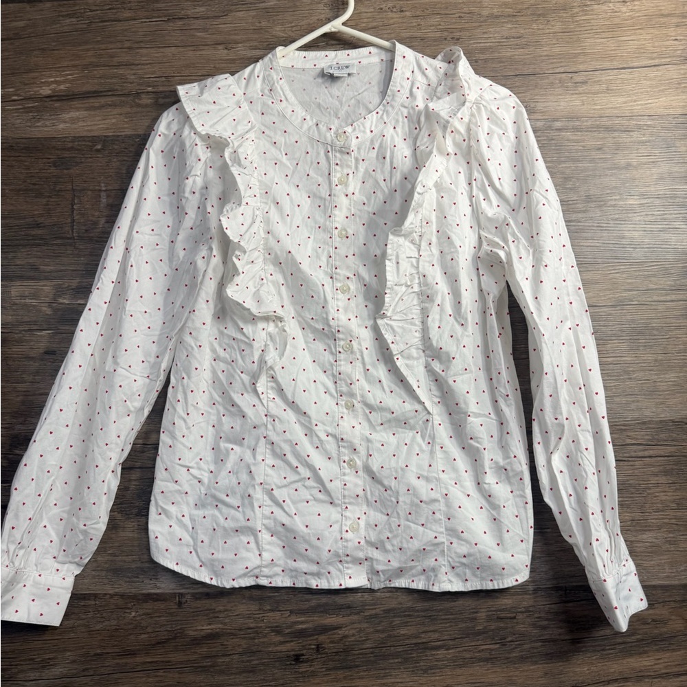 J. Crew White Button-Down Shirt with Red heart Print and Ruffles